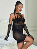 Black Sexy Sparkle Glitter Rhinestone Fishnet Hollow Bodystocking