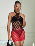 Black And Red Two-Color Gradient Stretchy Fishnet Bodystocking