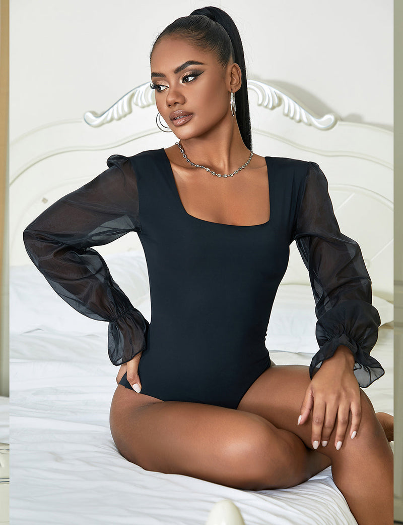 Black & White Long Sleeve Openable Crotch Mesh Bodysuit Egypt