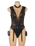 Black Sleeveless Lace Deep V-neck Faux Leather Egypt Bodysuit