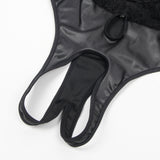 Black Sleeveless Lace Deep V-neck Faux Leather Egypt Bodysuit