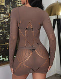 Brown Sexy Long Sleeves Bodystocking
