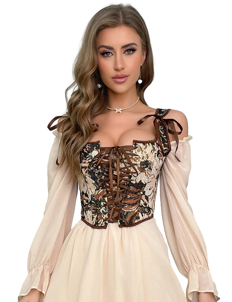 13 Pieces Plastic Bones Vintage oil Painting Print Style Lace Up Corset Egypt Bustie