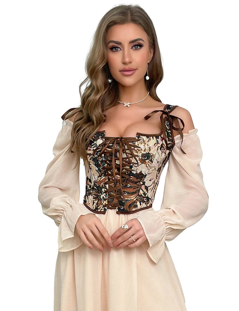 13 Pieces Plastic Bones Vintage oil Painting Print Style Lace Up Corset Egypt Bustie