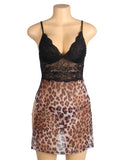 Leopard Print Mesh Lace Side Slit Sexy Lingerie With Chains