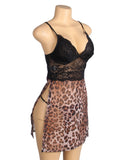 Leopard Egypt Print Mesh Lace Side Slit Sexy Lingerie With Chains