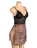 Leopard Print Mesh Lace Side Slit Sexy Lingerie With Chains