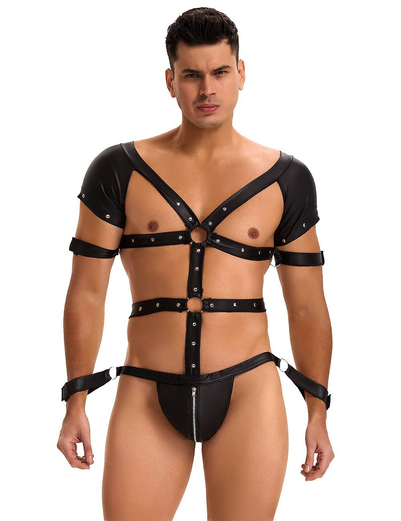 Black Sexy Faux Leather Harness Zipper Men Egypt Bodysuit Lingerie