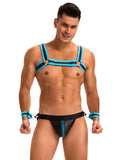 Blue Men Sexy PU Leather Harness Zipper Underwear Set