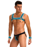 Blue Men Sexy PU Leather Harness Zipper Underwear Set