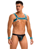 Blue Men Sexy PU Leather Harness Zipper Underwear Set