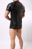 Black Men PU Leather Egypt Short Sleeves T-Shirt Top