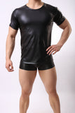 Black Men PU Leather Egypt Short Sleeves T-Shirt Top