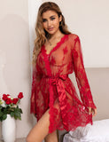 Sexy Egypt Long Sleeve Eyelash Lace Short Sleepwear With Thong