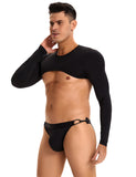 Black Ice Silk Long Sleeves Crop Top Sexy Men Lingerie Set