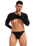 Black Ice Silk Long Sleeves Crop Top Sexy Men Lingerie Set