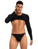 Black Ice Silk Long Sleeves Crop Top Sexy Men Lingerie Set