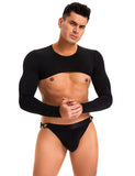 Black Ice Silk Long Sleeves Crop Top Sexy Men Lingerie Set