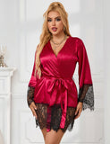 Elegant Nightdress Egypt Silk Eyelash Lace Long Sleeves Sleepwear With G String