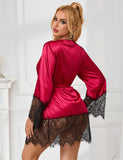 Elegant Nightdress Egypt Silk Eyelash Lace Long Sleeves Sleepwear With G String