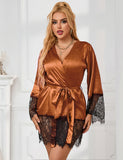 Elegant Nightdress Egypt Silk Eyelash Lace Long Sleeves Sleepwear With G String