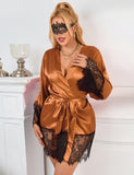 Elegant Nightdress Egypt Silk Eyelash Lace Long Sleeves Sleepwear With G String