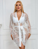 Sexy Long Sleeve White Eyelash Lace Plus Size Short Sleepwear With Thong