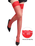 White & Black & Red  Fishnets Thigh High Stockings Silicone Lace Top Stay Up Sheer Hosiery