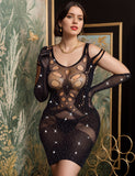 Plus Size Black Sexy Egypt Sparkle Glitter Rhinestone Fishnet Hollow Bodystocking