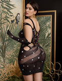 Plus Size Black Sexy Sparkle Glitter Rhinestone Fishnet Hollow Bodystocking Egypt