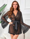 New Sexy Long Sleeve Mesh Robe Sleepwear With Belt