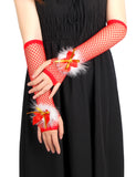 Red Sexy Bow Plush Decoration Christmas Fishnet Gloves