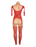 Christmas Red Sexy Bow Plush Decoration Long Sleeves Fishnet Bodystocking