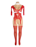 Christmas Red Sexy Bow Plush Decoration Long Sleeves Fishnet Bodystocking