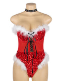 Red Christmas Sexy Plush Sequin Bodysuit