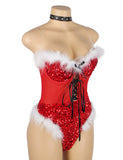 Red Christmas Sexy Plush Sequin Bodysuit