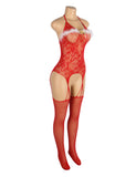 Red Sexy Bow Plush Decoration Suspender Fishnet Bodystocking