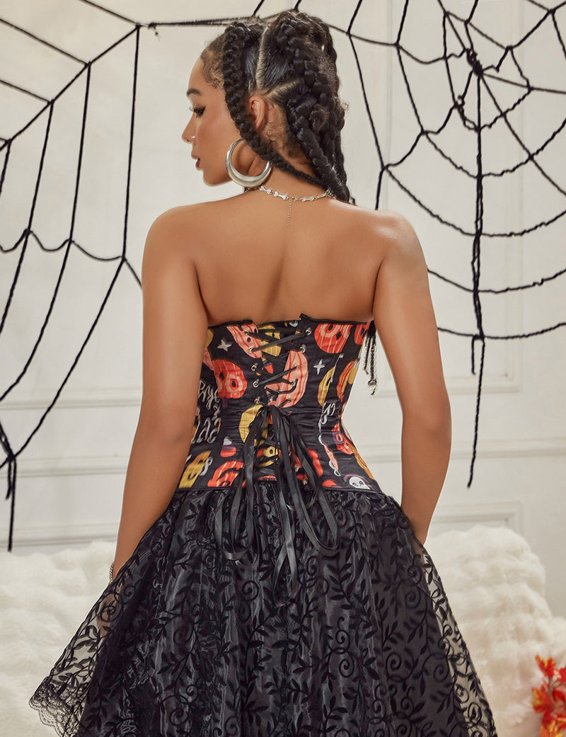 15 Pieces Plastic Bones Black Sexy Pumpkin Print Zipper Lace Up Halloween Corset