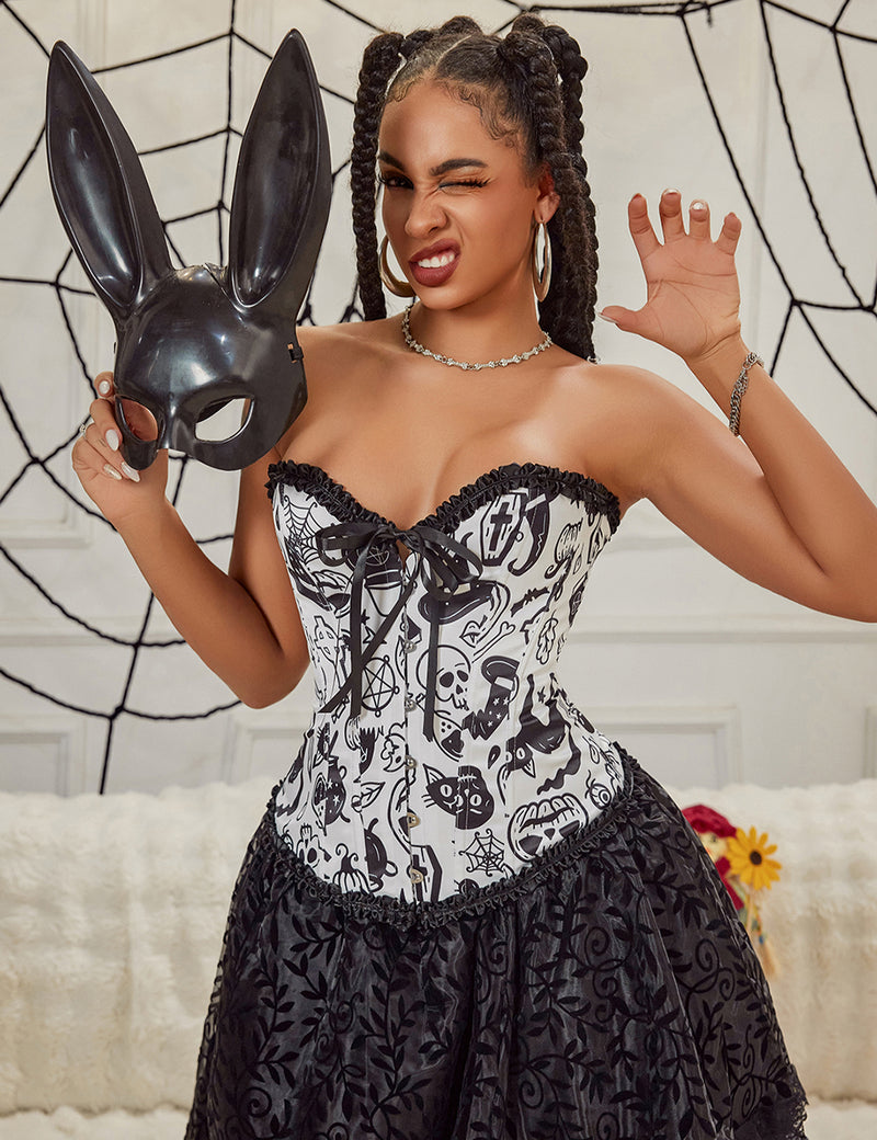 12 Pieces Plastic Bones White Sexy Cartoon Print Bow Lace Up Halloween Corset