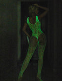 White Sexy Jacquard Luminous Glow In The Dark Open Crotch Bodystocking