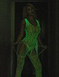 White Sexy Jacquard Luminous Glow In The Dark Open Crotch Bodystocking