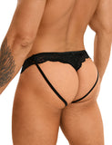 Black Sexy PU Leather Lace Men Thong Underwear