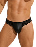 Black Sexy PU Leather Lace Men Thong Underwear