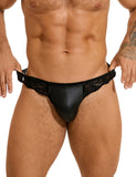 Black Sexy PU Leather Lace Men Thong Underwear