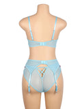 Blue Sexy Mesh Embossed Floral Bra Set with Garter Belt