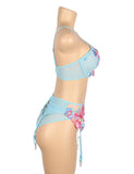 Blue Sexy Mesh Embossed Floral Bra Set with Garter Belt