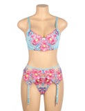 Blue Sexy Mesh Embossed Floral Bra Set with Garter Belt