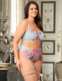 Blue Sexy Mesh Embossed Floral Bra Set with Garter Belt