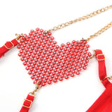 Red Sexy Egypt Mesh Heart Chain Bra Set