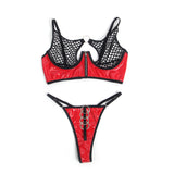 Red Sexy Egypt Patent Leather Mesh Zippered Bra Set